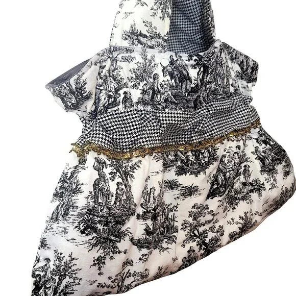 Handmade Black & White Toile & Houndstooth Tote Bag With Ruffled Detail & Gold T - Picture 6 of 15